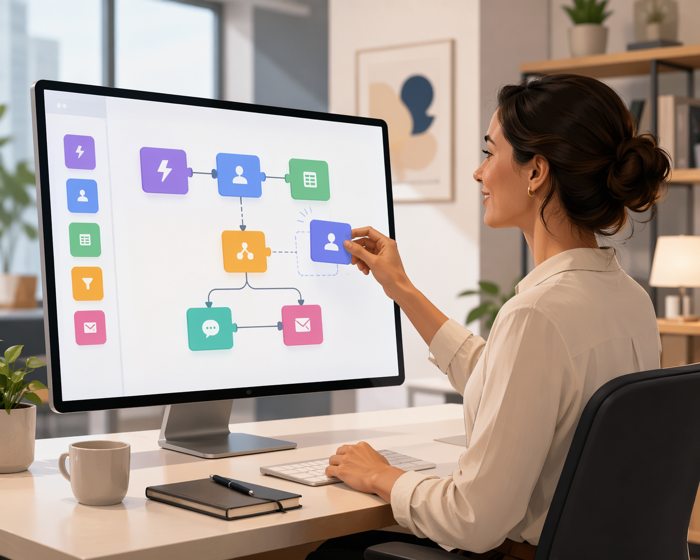 Business professional assembling a visual workflow automation pipeline on a large screen