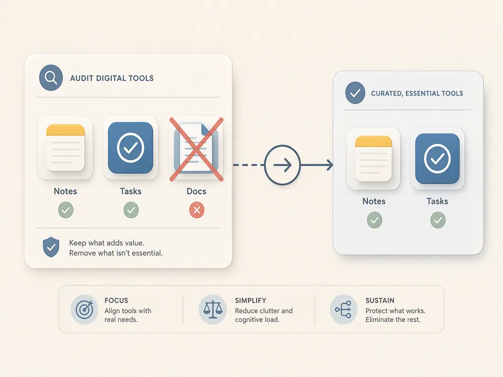 Illustration of three app icons being reduced to two connected icons through deliberate tool reduction