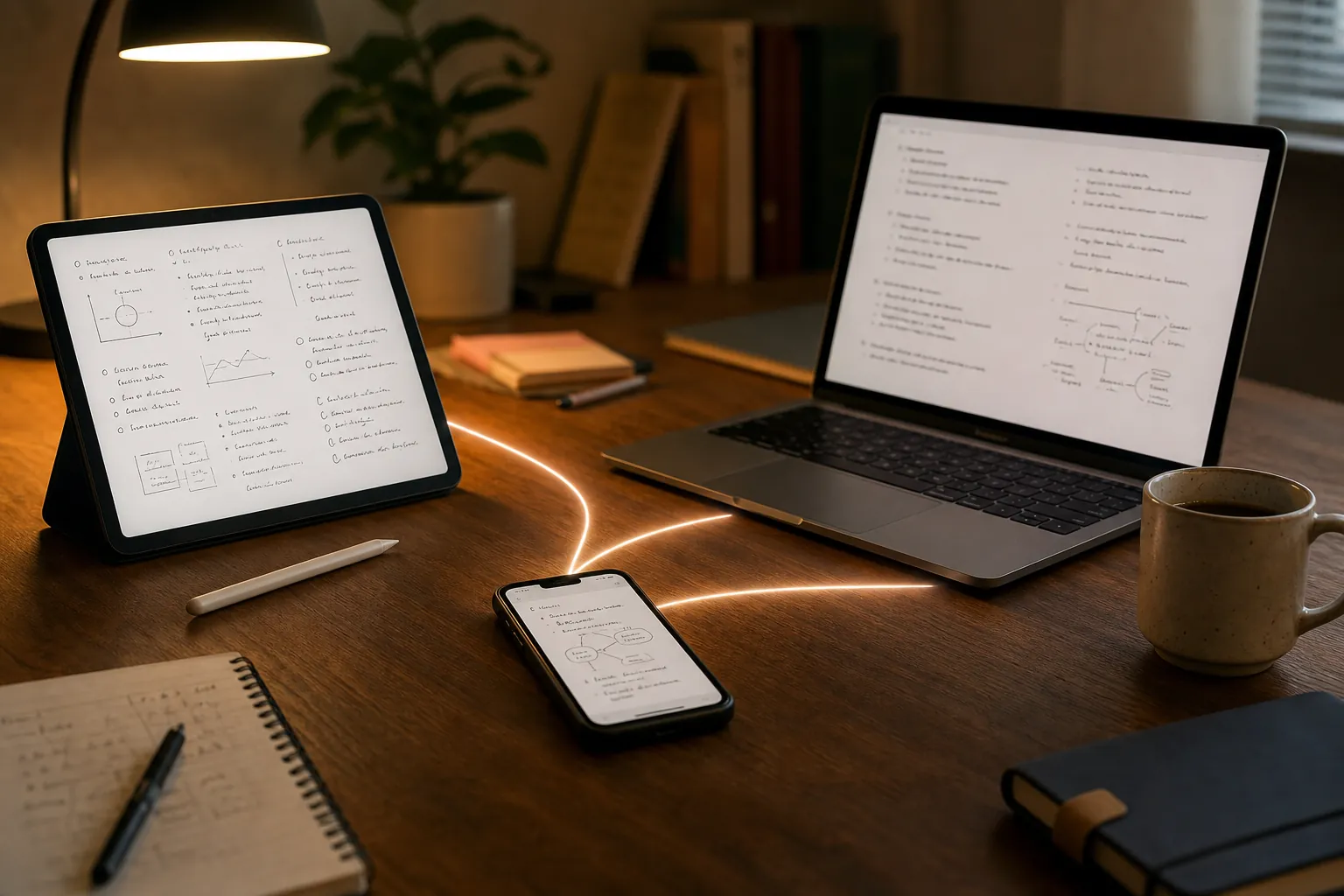 College study desk with an Android tablet for stylus notes, a smartphone for quick capture, and a laptop for typed notes