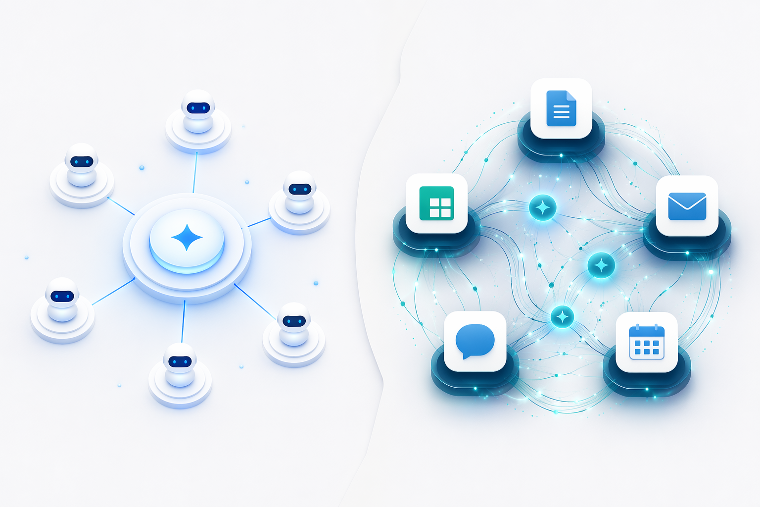Two-sided comparison of a centralized AI workspace and AI woven through office applications