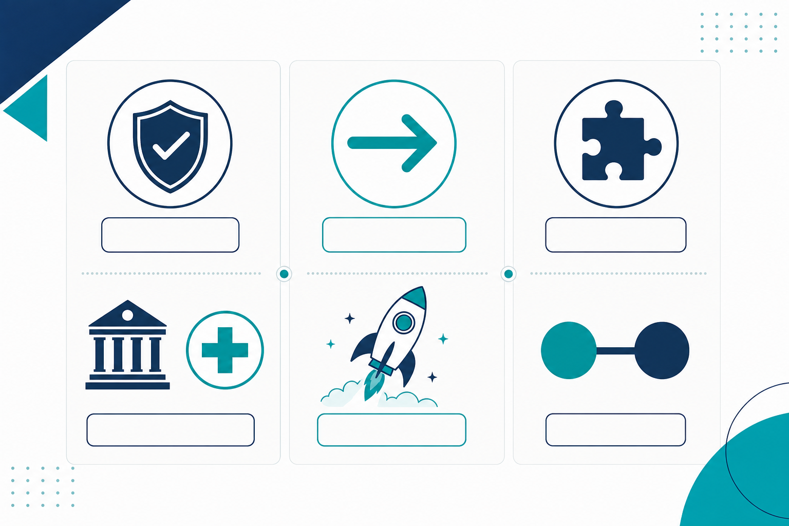 A three-column flat vector decision framework showing a shield icon for 'Keep' with bank and healthcare icons below it, an arrow and rocket icon for 'Migrate', and puzzle-piece and connected-circles icons for 'Hybrid'.