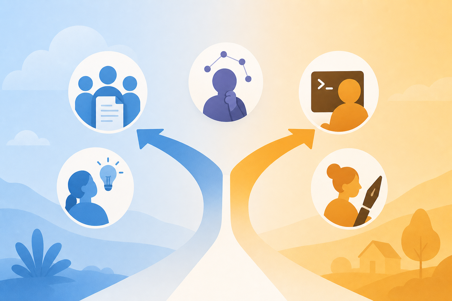 Five abstract persona icons arranged around a central decision fork, with cool blue tones on one side and warm amber tones on the other