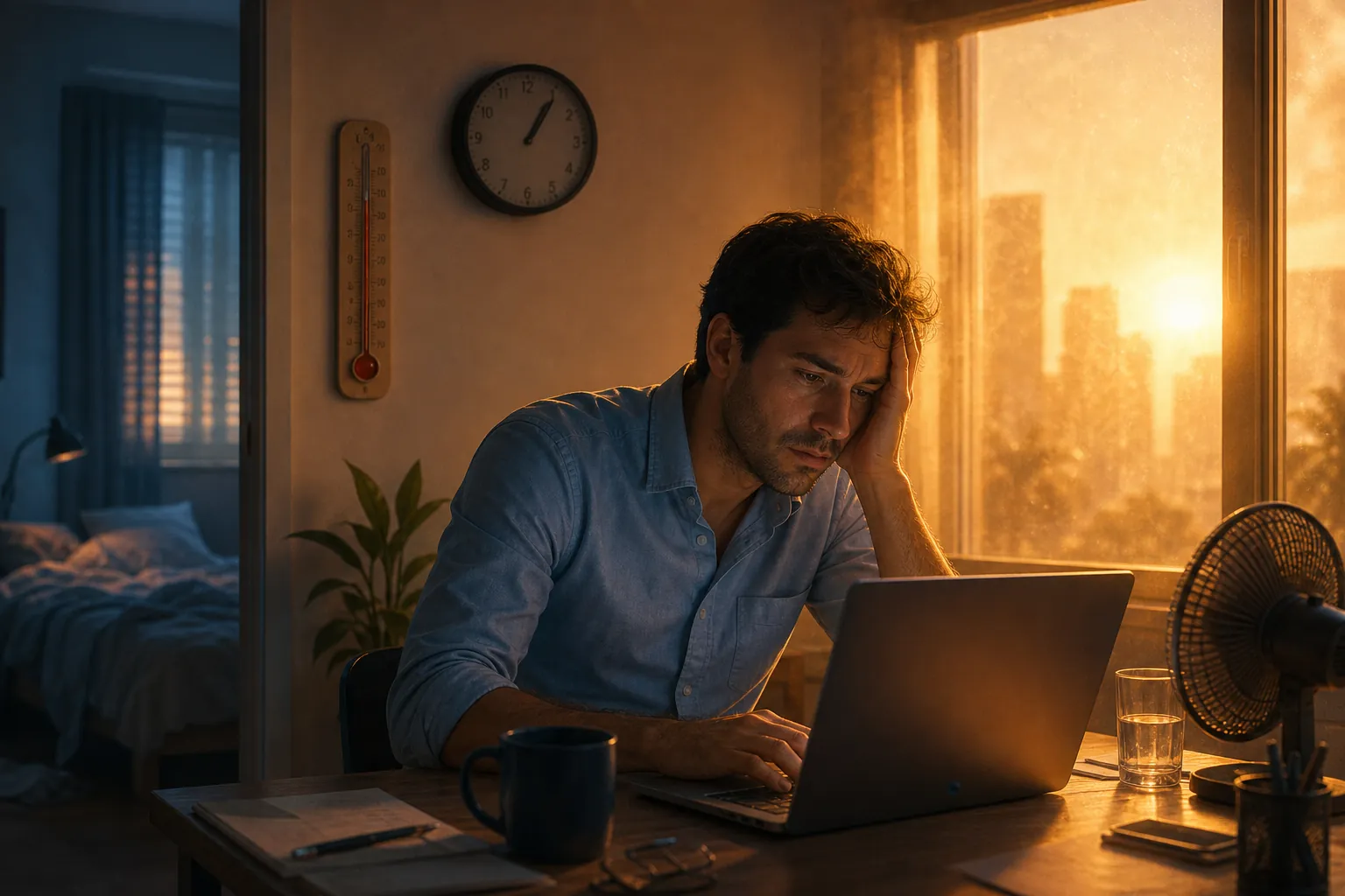 Fatigued knowledge worker at a laptop in a hot sunlit room with a thermometer and rumpled bed nearby