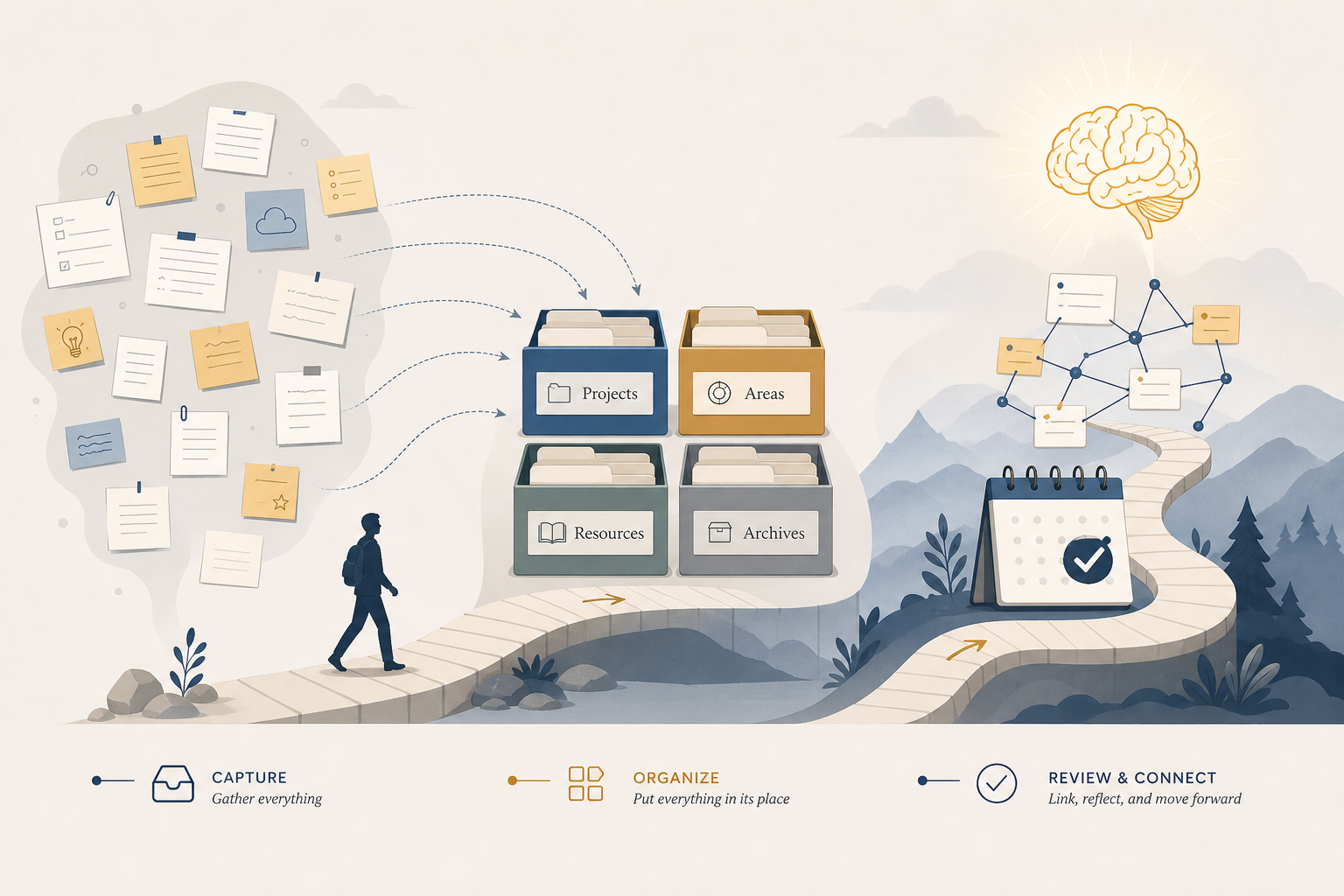 A flat vector illustration showing a winding path from scattered notes on the left, through four labeled containers in the middle, to a glowing brain icon on the right.