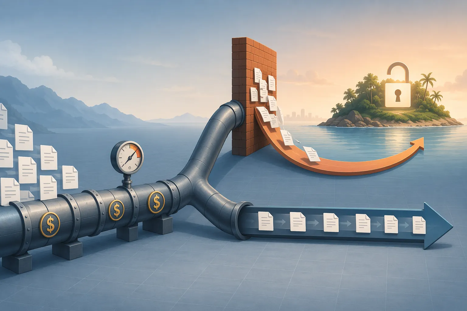Documents flowing through a VC funding pressure gauge, with some diverted by a price wall toward a calmer open-lock destination