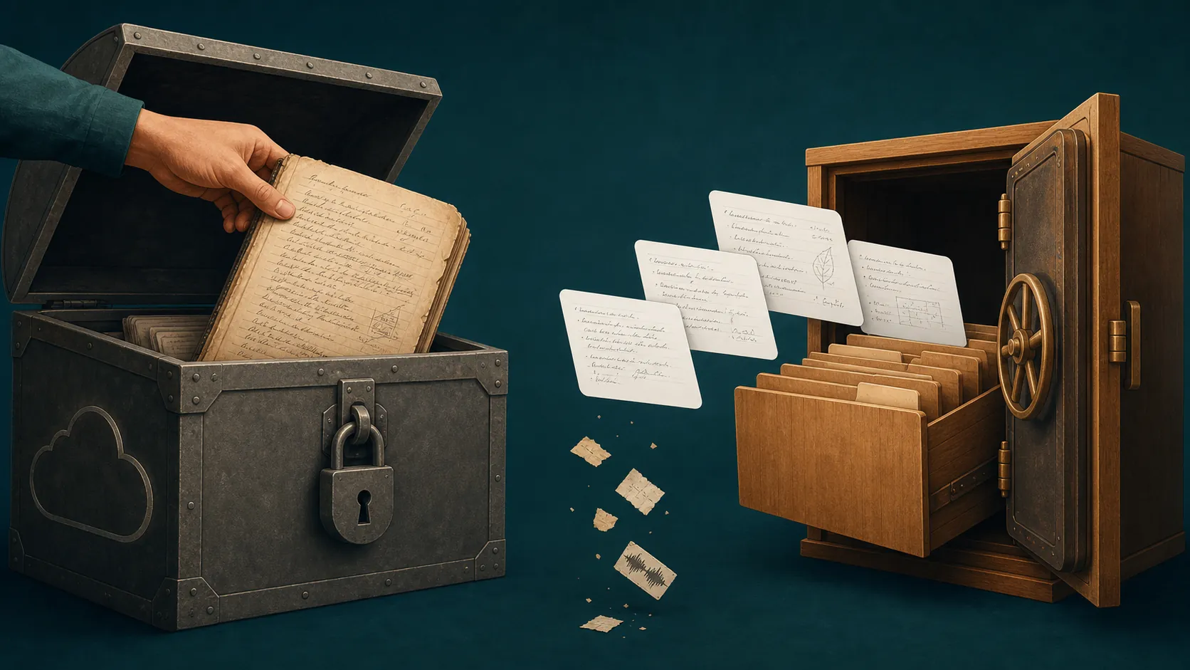 Locked cloud archive with handwritten notes being moved into a local digital vault while loose media pieces fall away