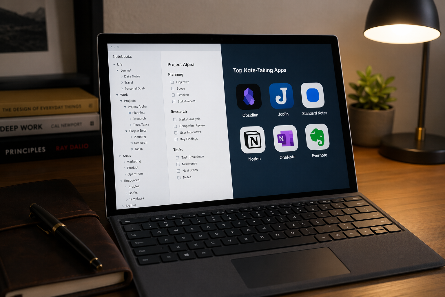 A Windows laptop on a wooden desk showing a split-screen display with a hierarchical note-taking interface on the left and a grid of app icons on the right.