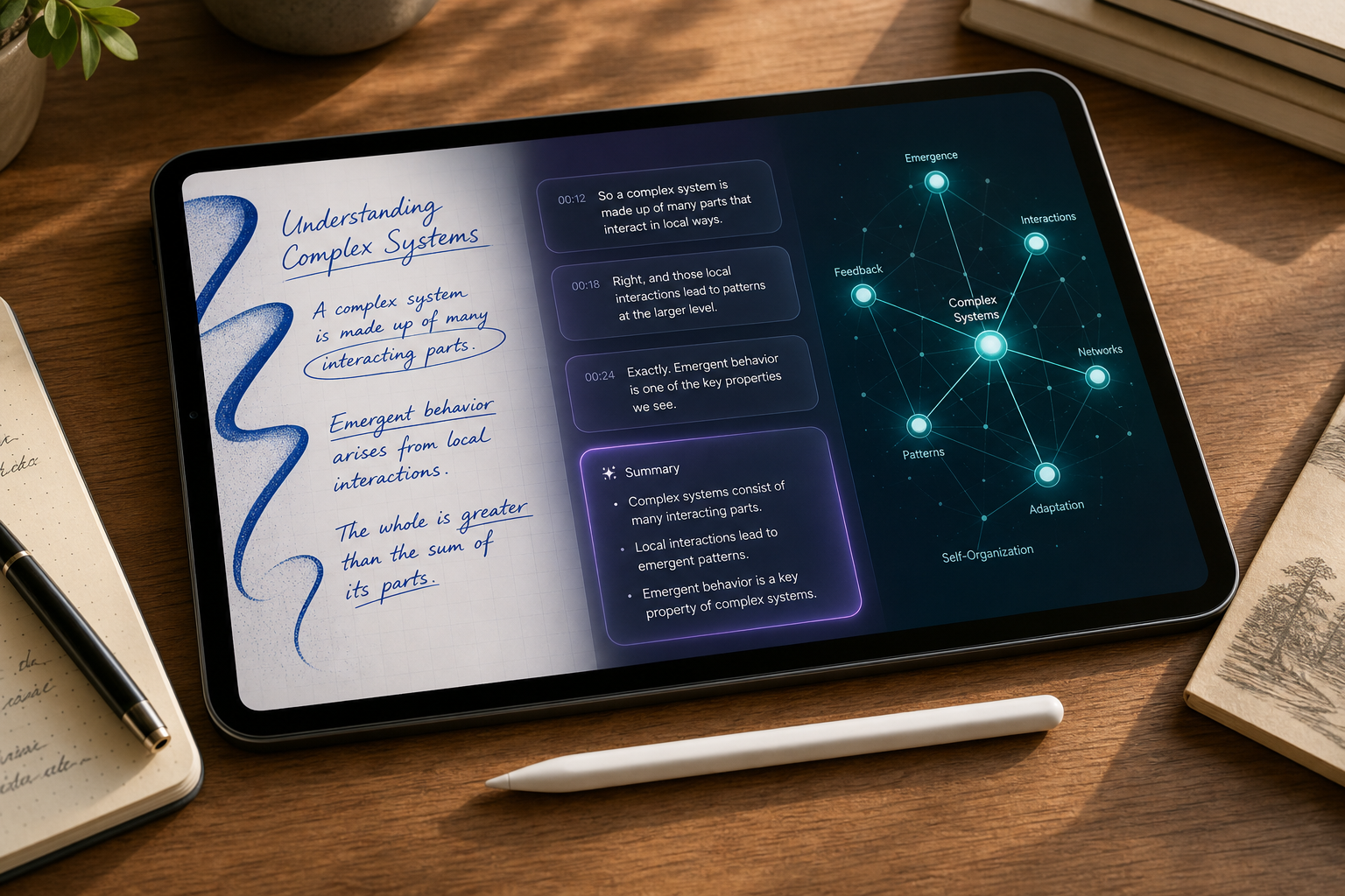 An iPad Pro with Apple Pencil on a wooden desk, the screen showing three distinct visual zones: left side with blue digital handwriting strokes, center with translucent purple AI transcript bubbles and summary bullets, and right side with a teal connected knowledge-graph visualization
