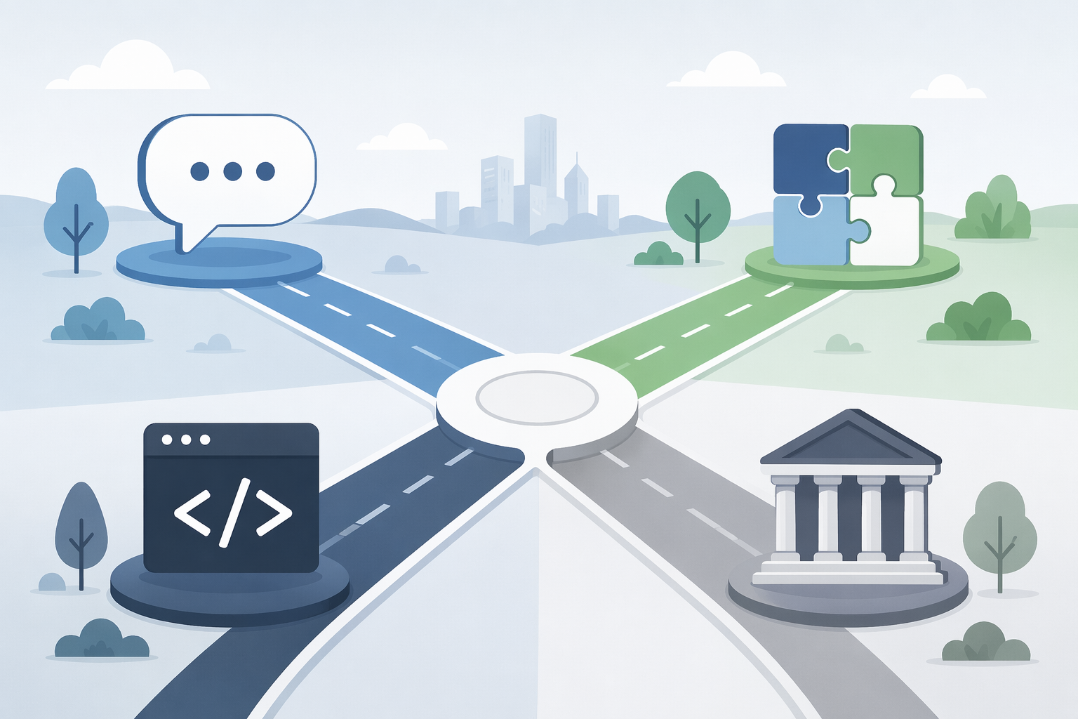 Four-way crossroads showing AI assistant, no-code connectivity, developer flexibility, and enterprise orchestration paths