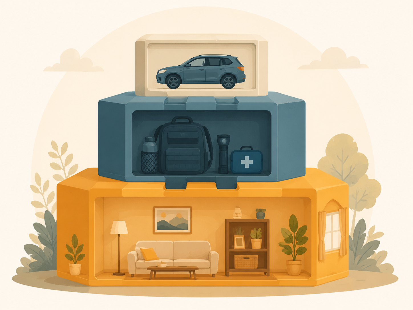 Three stacked readiness tiers for shelter-in-place, go-bag, and car kit