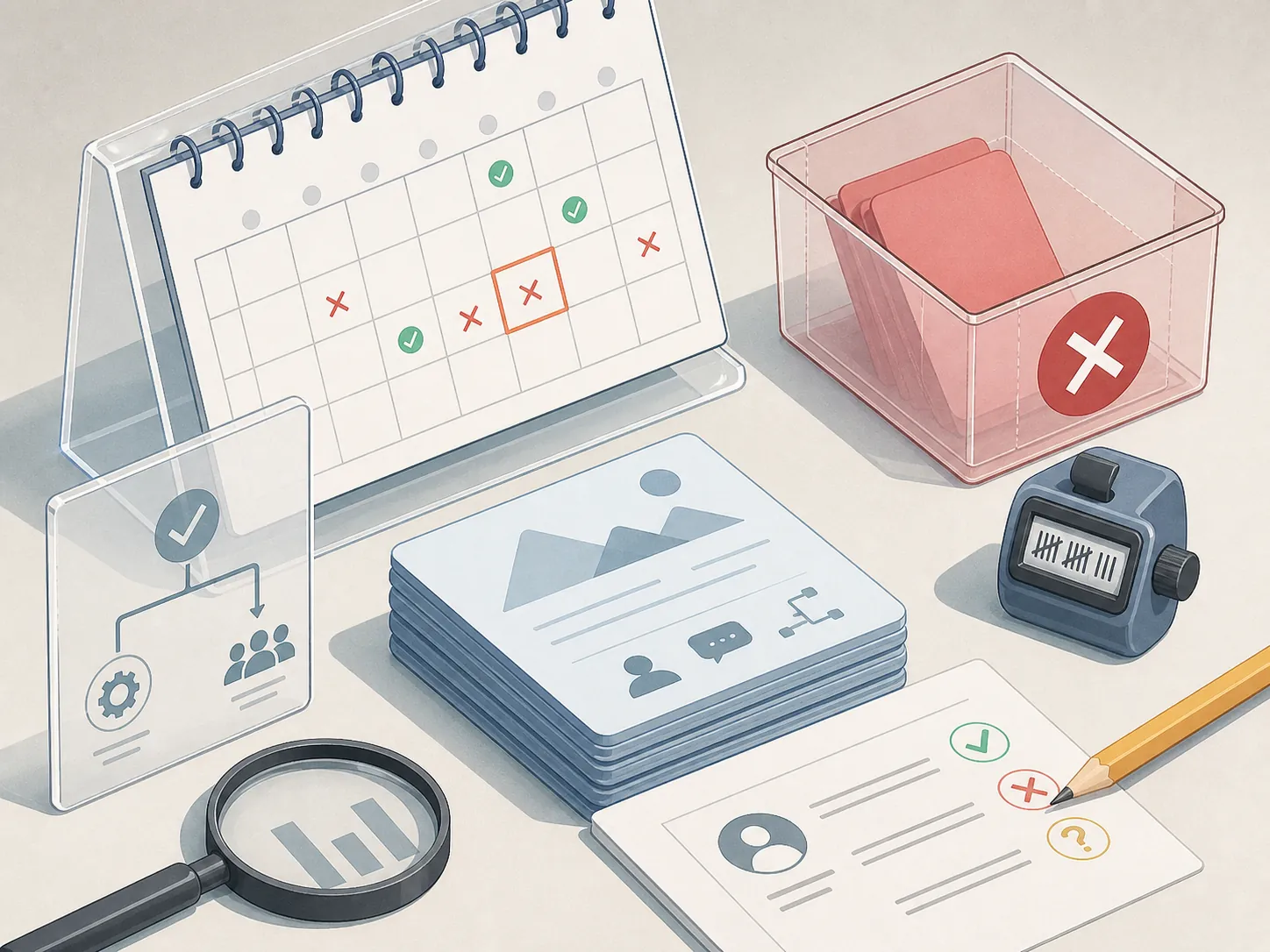 Transparent AI testing protocol with a dated calendar, scenario cards, tally counter, rejection bin, and pencil