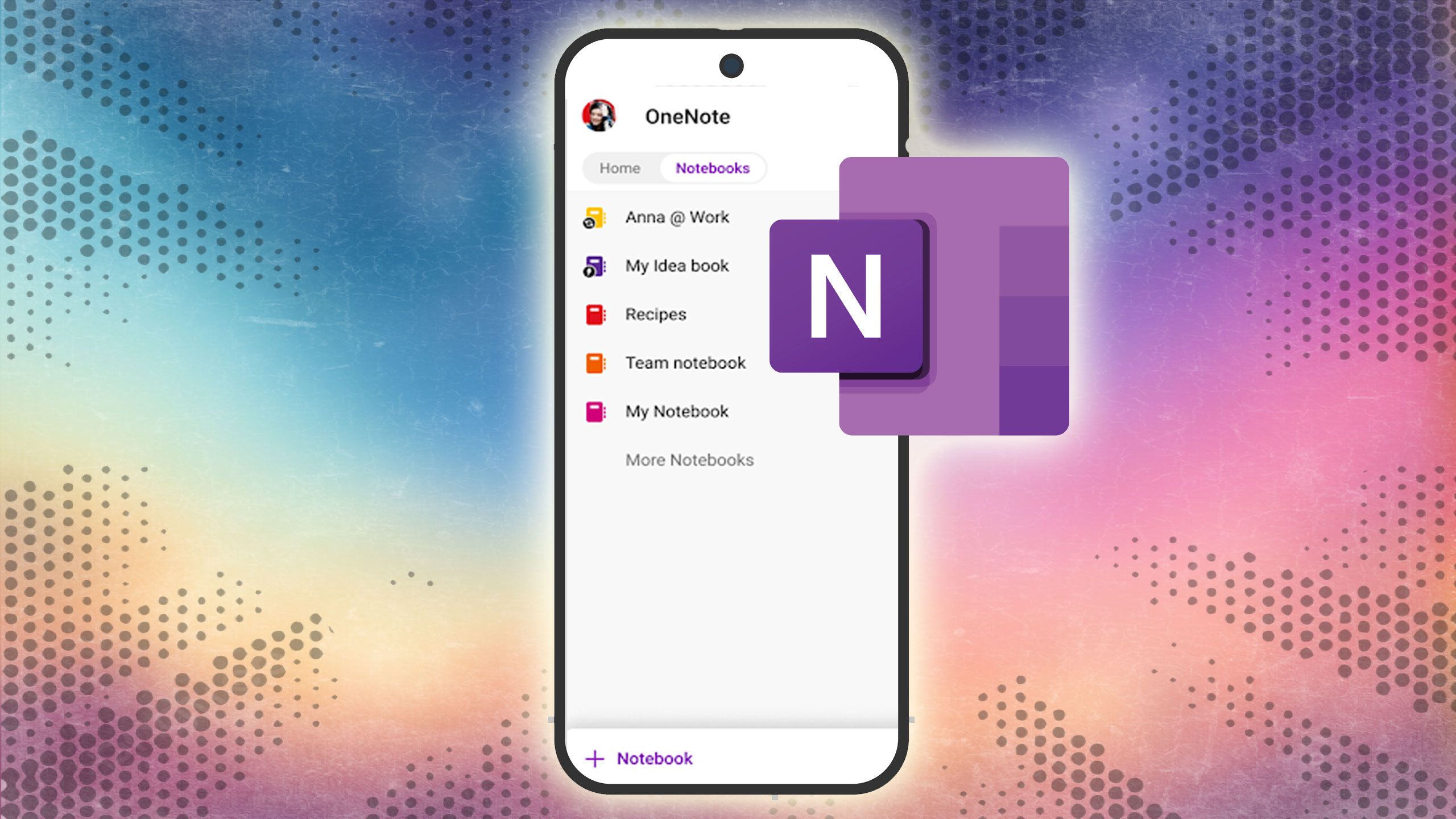 OneNote running on an Android tablet with typed notes, handwriting, and images on a freeform canvas