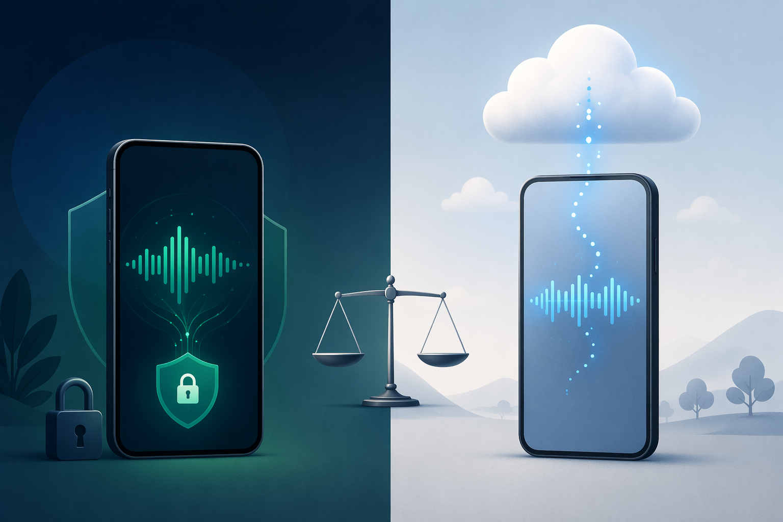Editorial illustration comparing on-device data processing with a lock icon and local shield badge versus cloud processing with a soundwave traveling upward to a cloud icon, with a balanced scale between them.