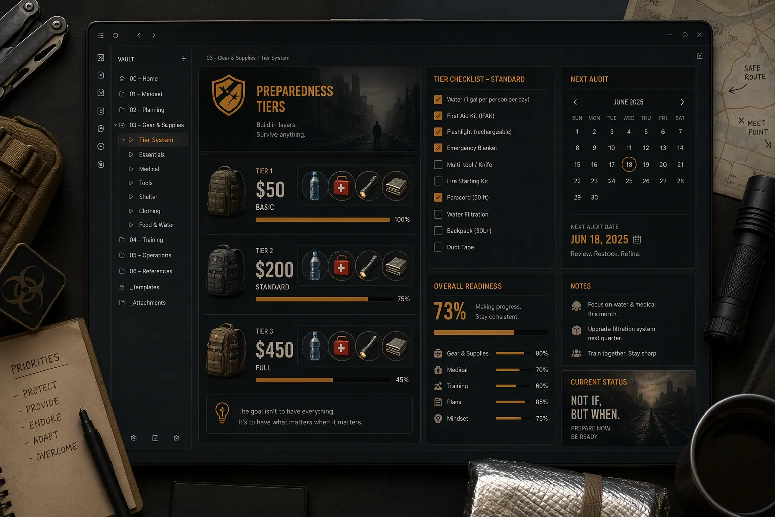 Themed Obsidian vault workspace with budget tier labels, preparedness item icons, progress bars, and a weekly audit marker