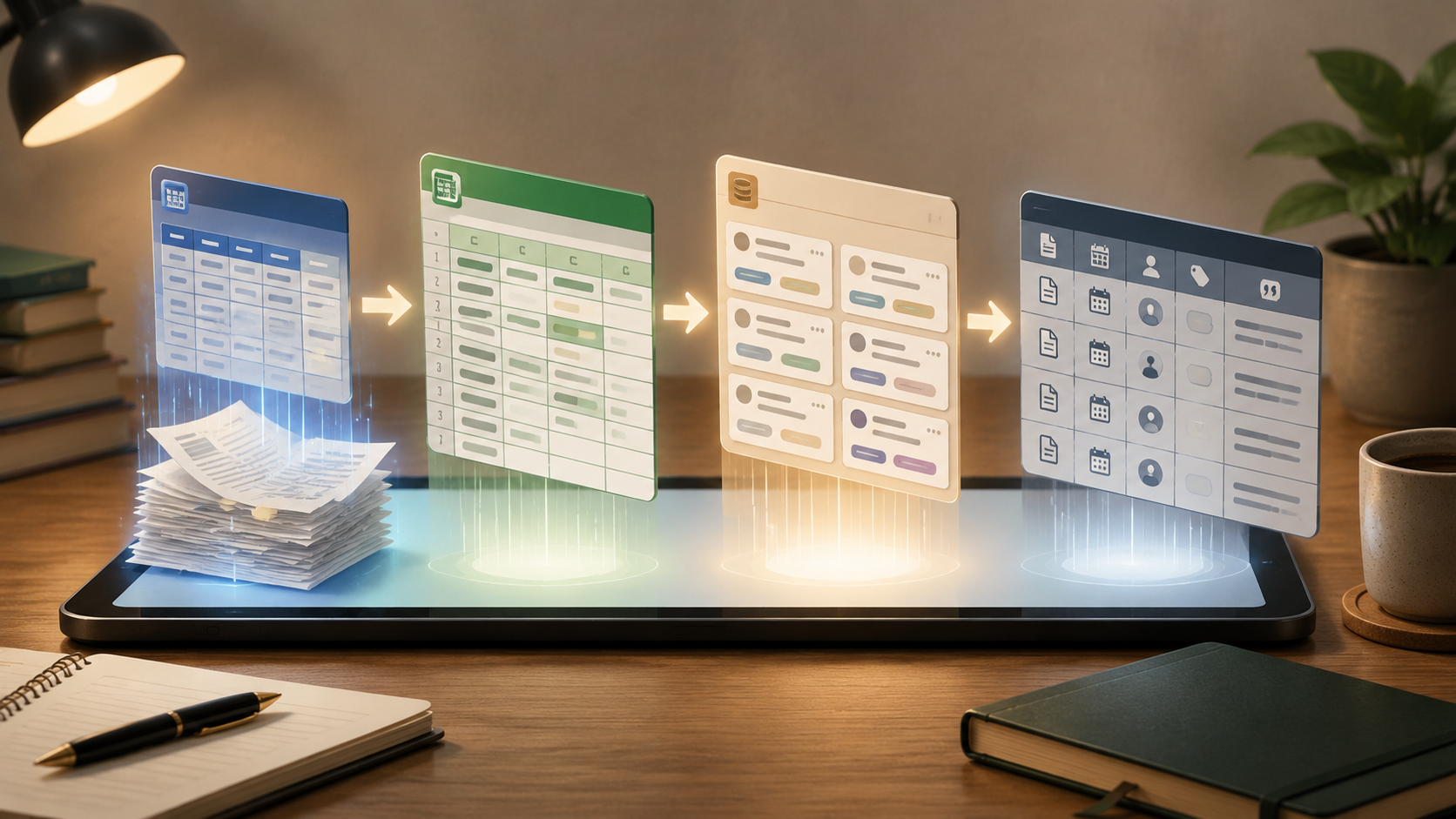 Research workflow illustration comparing data tables, spreadsheets, databases, and systematic extraction tools