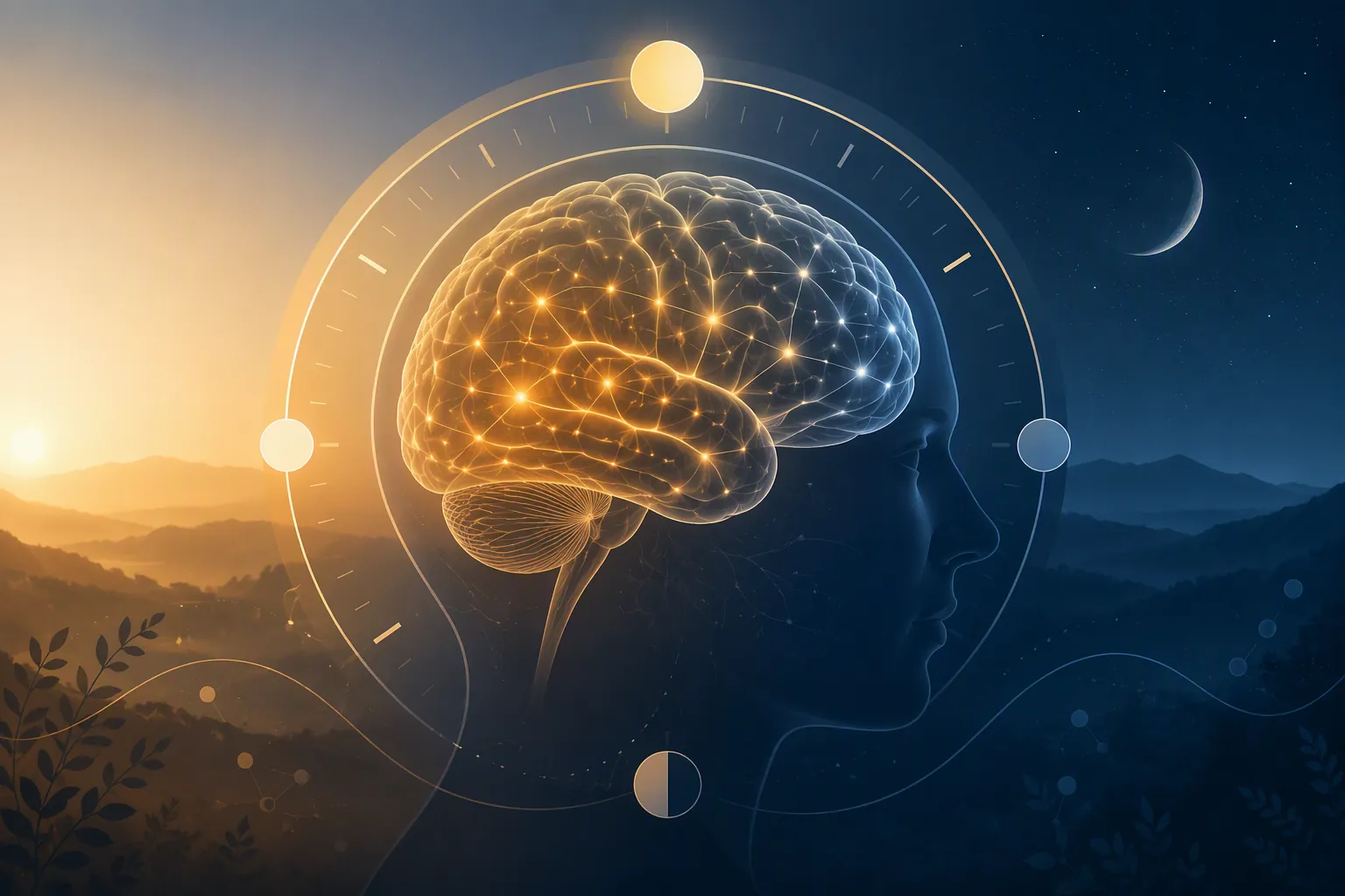 Abstract brain and circular timeline suggesting the link between eating schedules and cognition