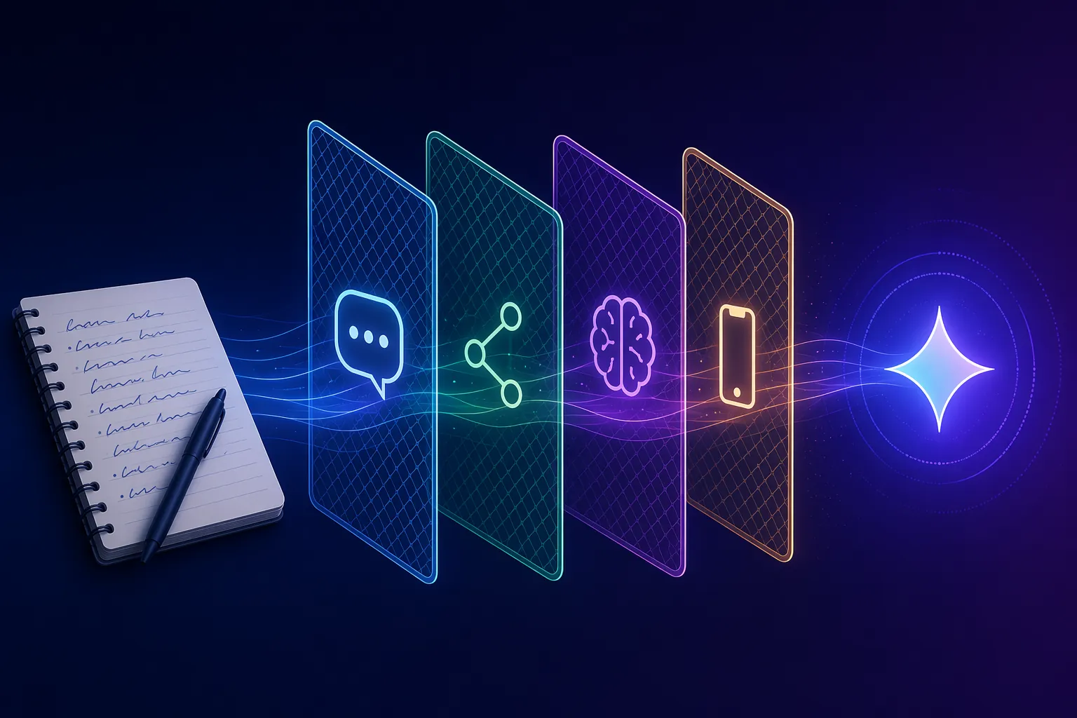 Four layered Gemini note access surfaces between handwritten notes and an AI interface