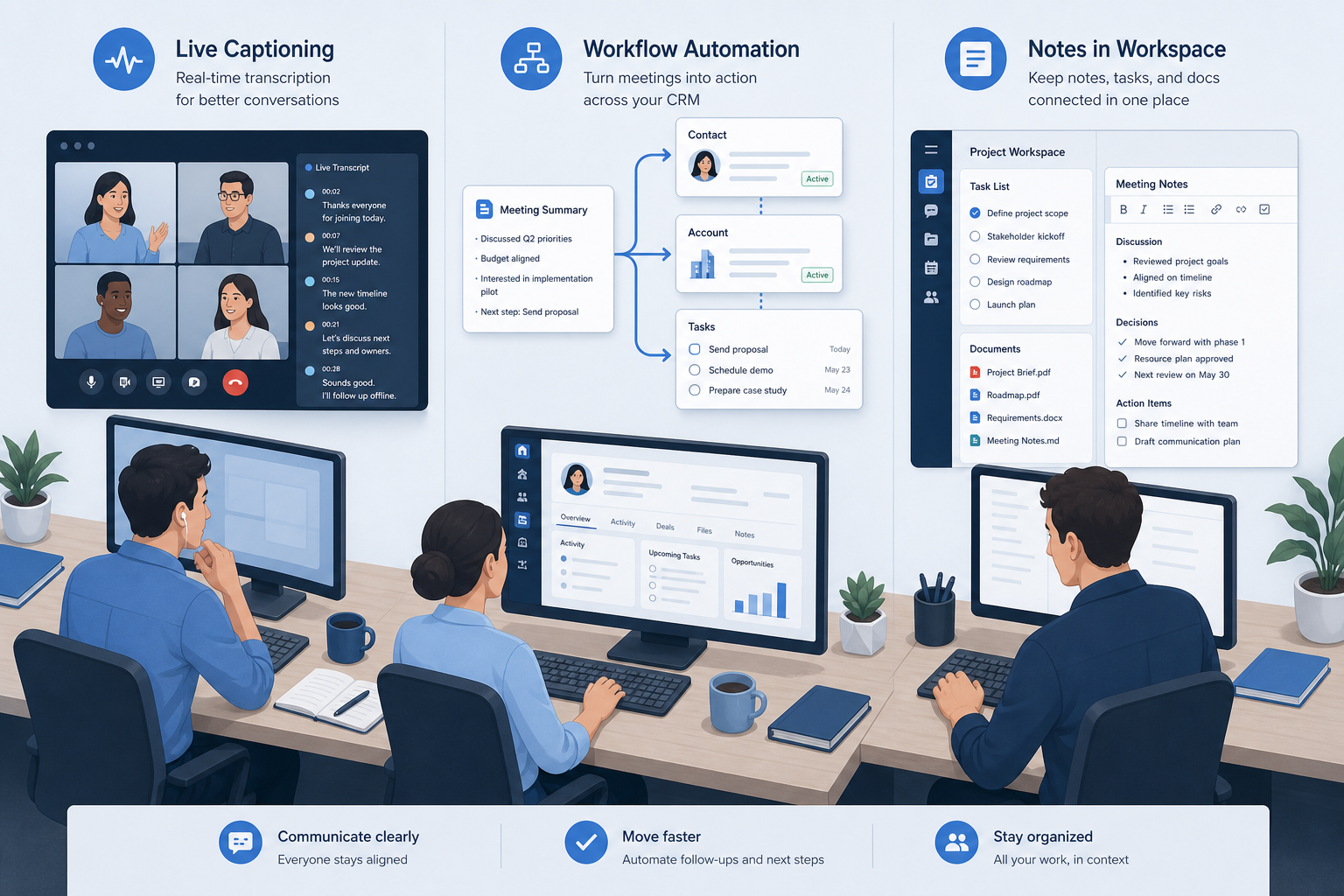 Isometric illustration showing three workspace lanes: a person on a video call with a real-time transcript, a person with a CRM dashboard, and a person with meeting notes embedded in a project workspace.