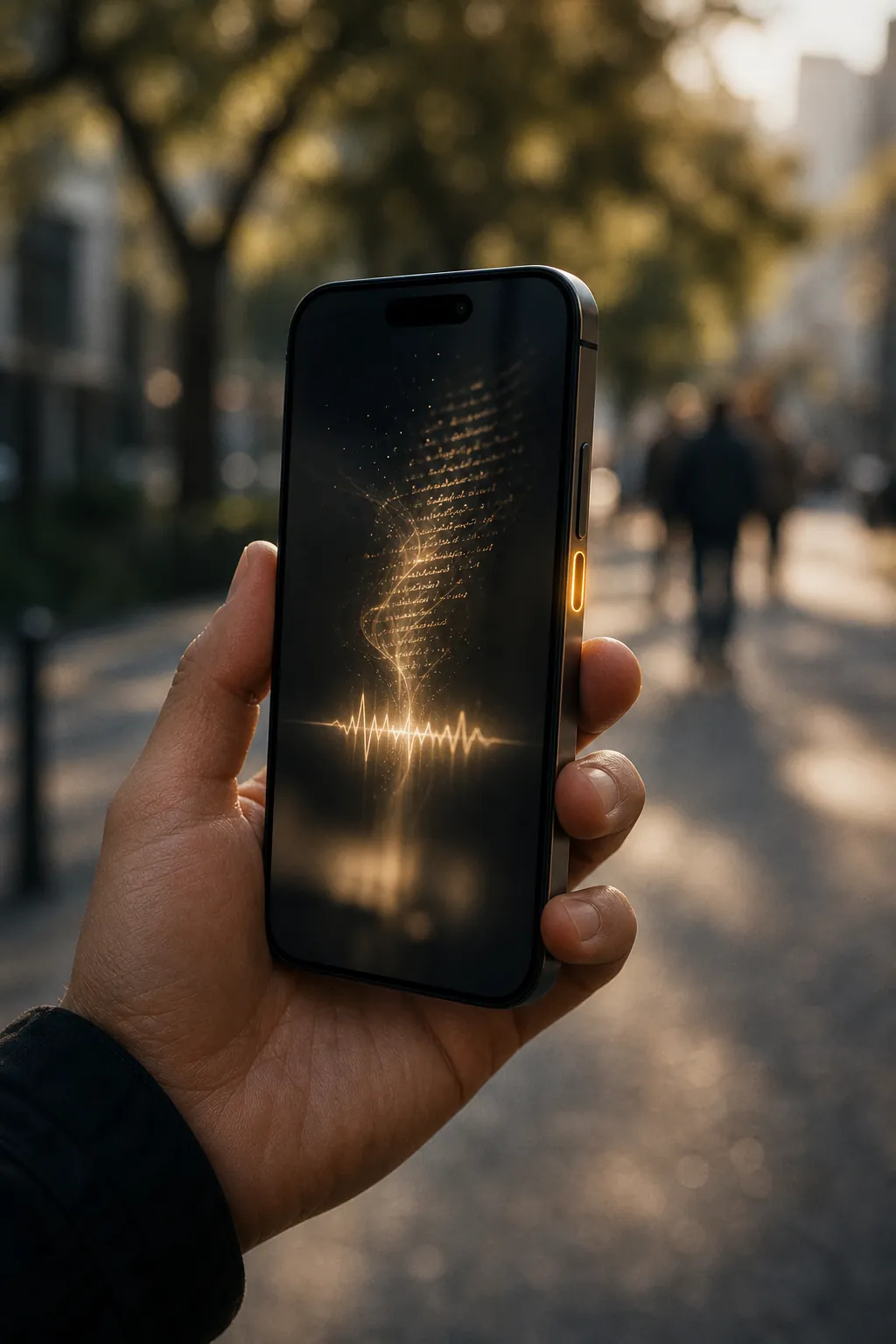 iPhone held outdoors with the Action Button glowing and a waveform-like note capture effect on screen