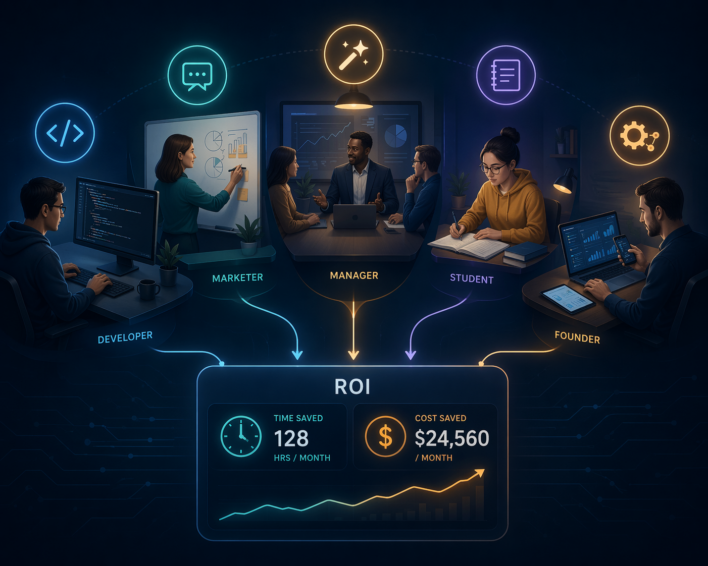 Developer, marketer, manager, student, and founder connected to AI tool icons and ROI metrics