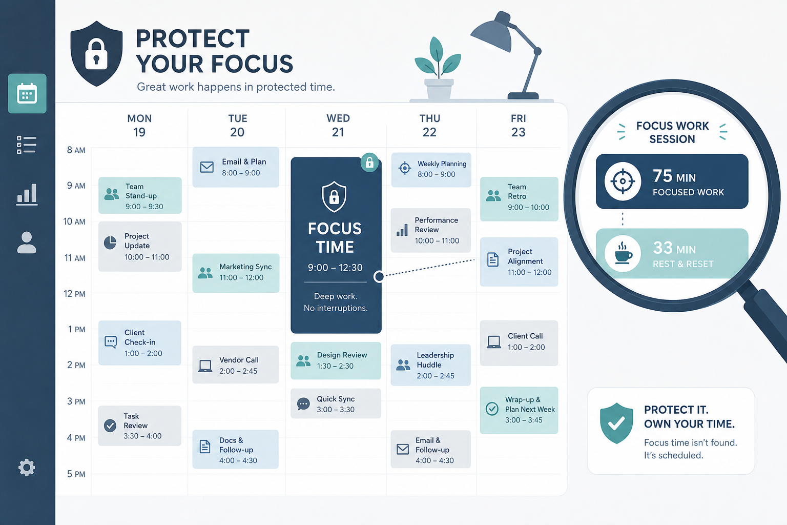 A weekly calendar view showing a large protected 3.5+ hour focus time block in deep blue, separated from smaller meeting slots, with a 75-minute work block followed by a 33-minute rest icon.