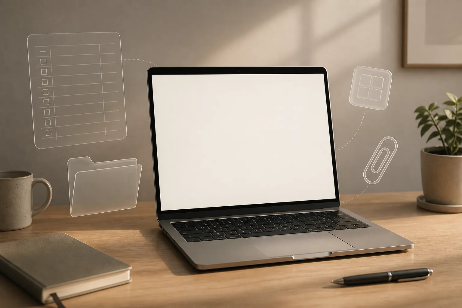 Blank note page on a laptop with disconnected template, folder, shortcut, and attachment elements around it