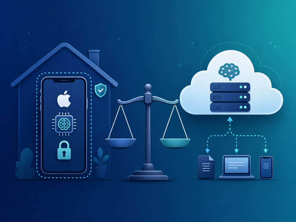 Split-scene illustration comparing on-device AI privacy (left, with a house silhouette and lock icon) versus cloud-based AI processing (right, with server icons and upward data-flow arrows), with a balanced scale in the center.