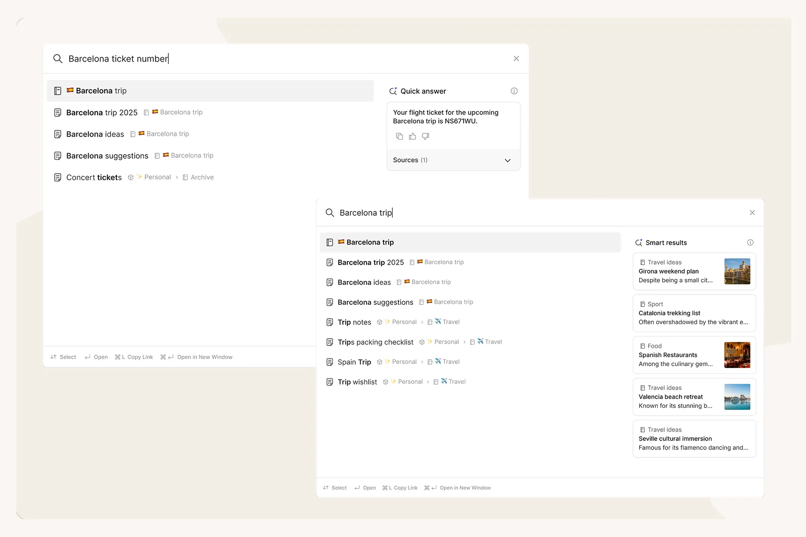 Evernote Semantic Search results panel showing notes surfaced by meaning rather than exact keyword match