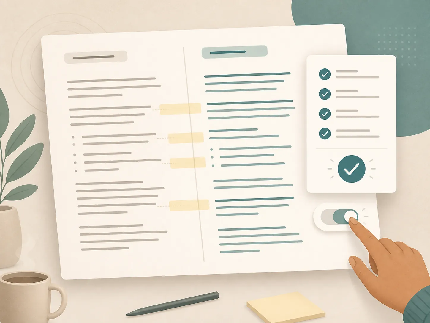 Human reviewing before-and-after changes in AI-edited plain-text notes