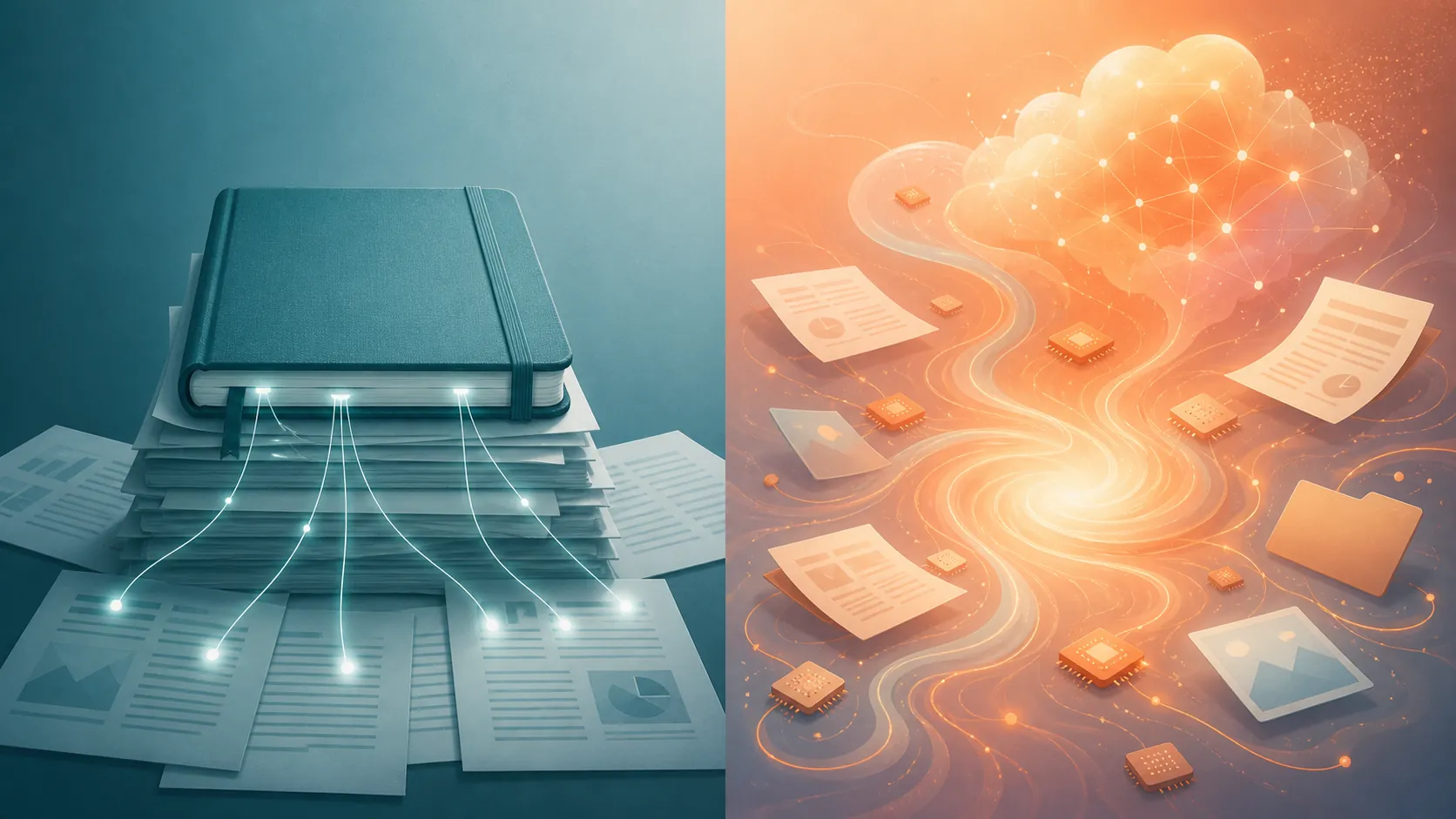 Split-screen illustration contrasting a source-bounded notebook with an open AI workspace