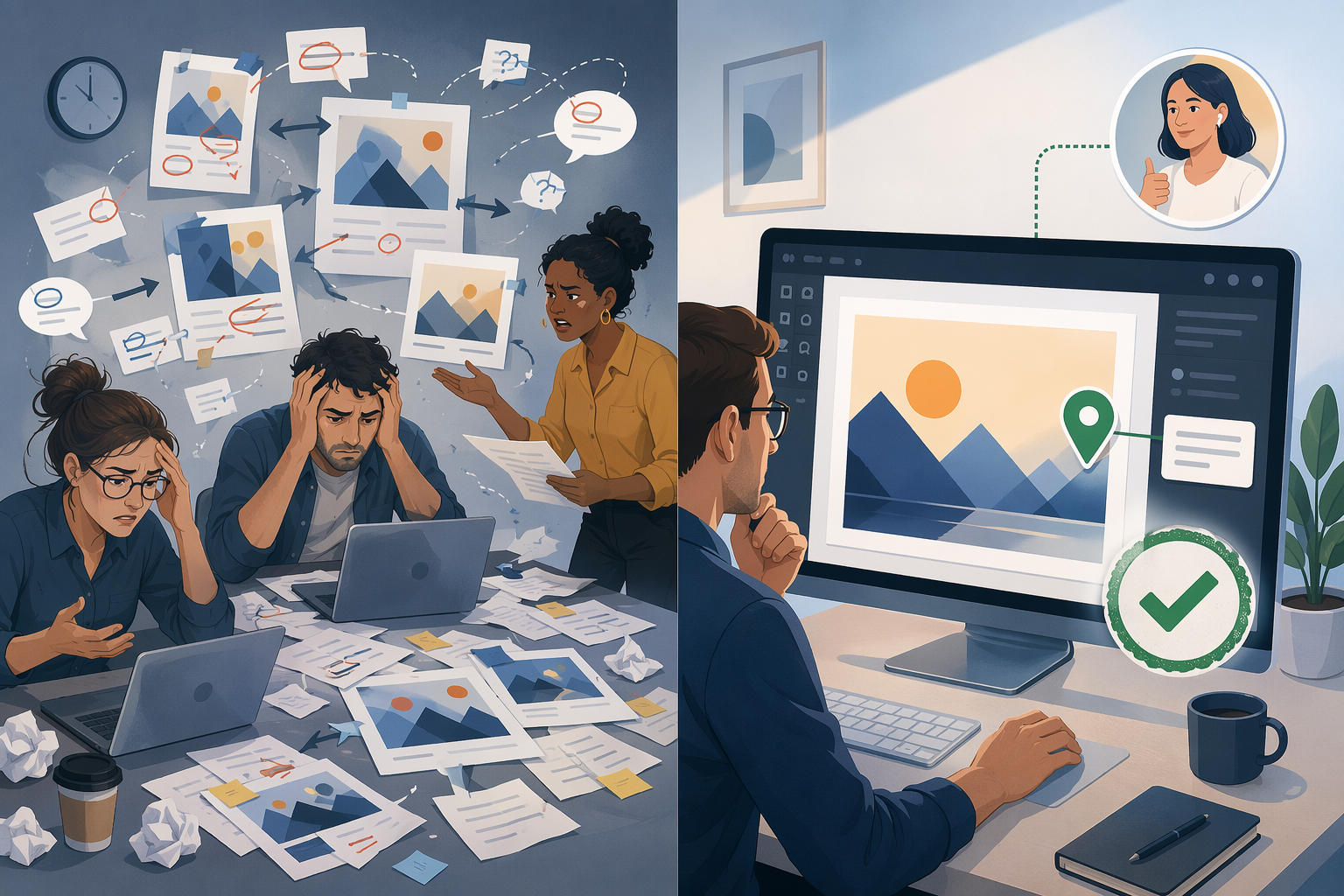 Chaotic creative review compared with a streamlined proofing setup