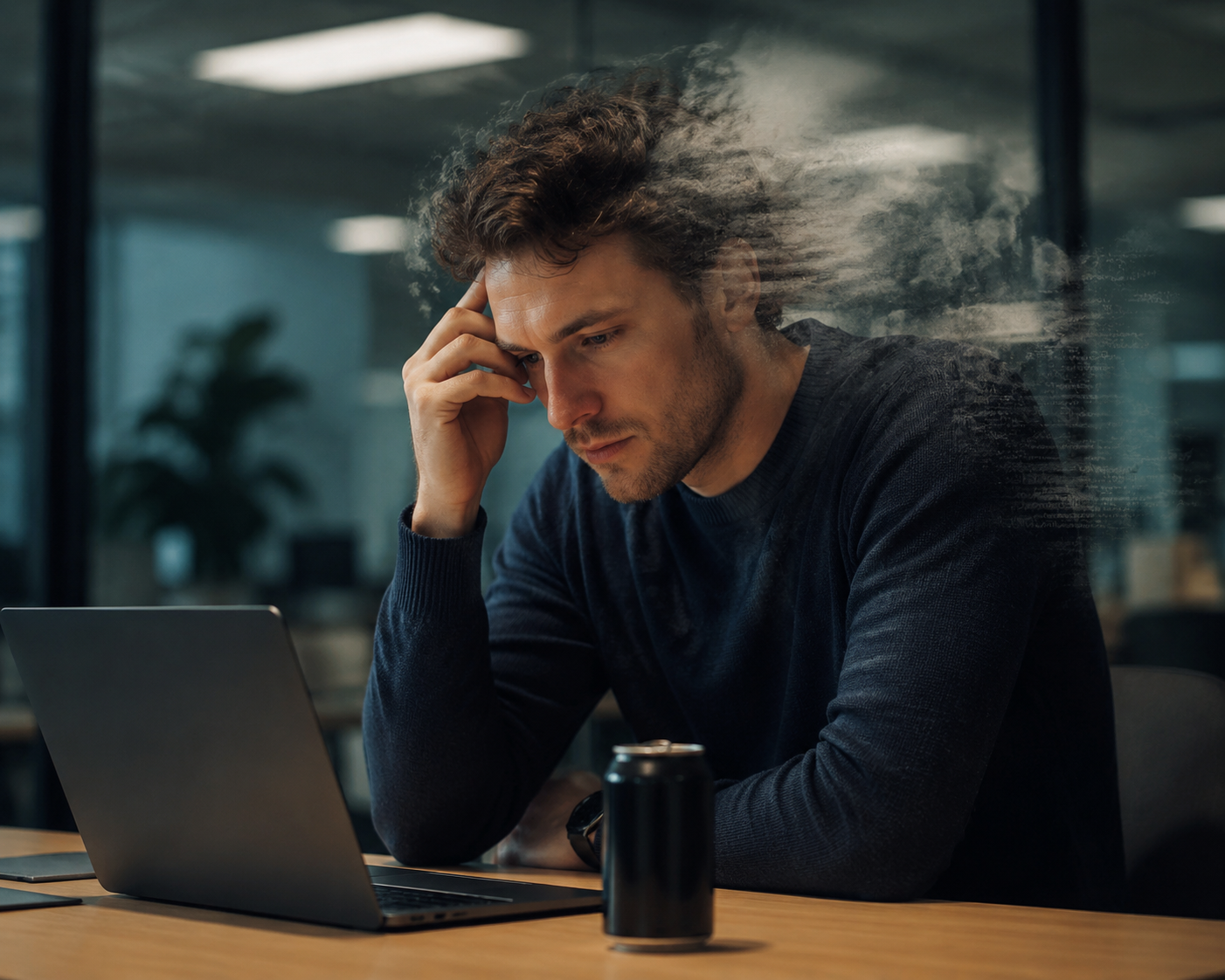 Knowledge worker at a laptop with a diet soda can and a subtle haze suggesting mental fog