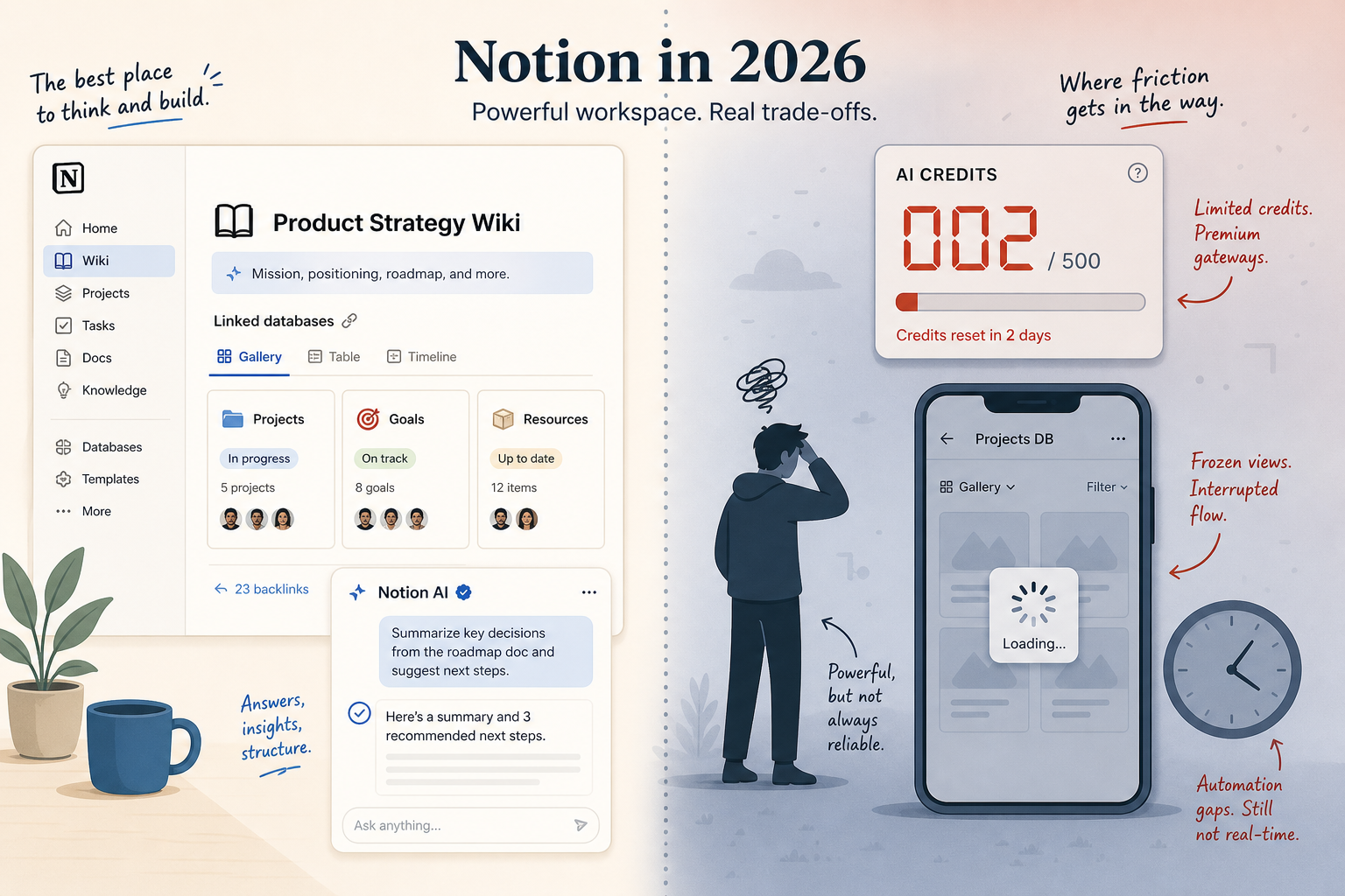 Split illustration showing Notion's dual identity: organized wiki workspace on left, credit meter and mobile issues on right.