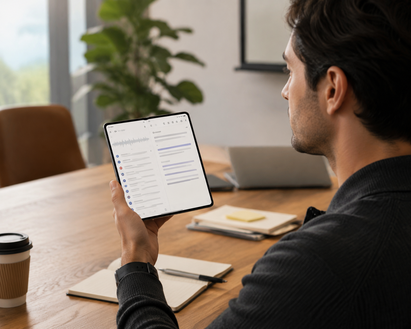 Professional knowledge worker using an open Samsung Galaxy Z Fold 8 in a modern meeting room