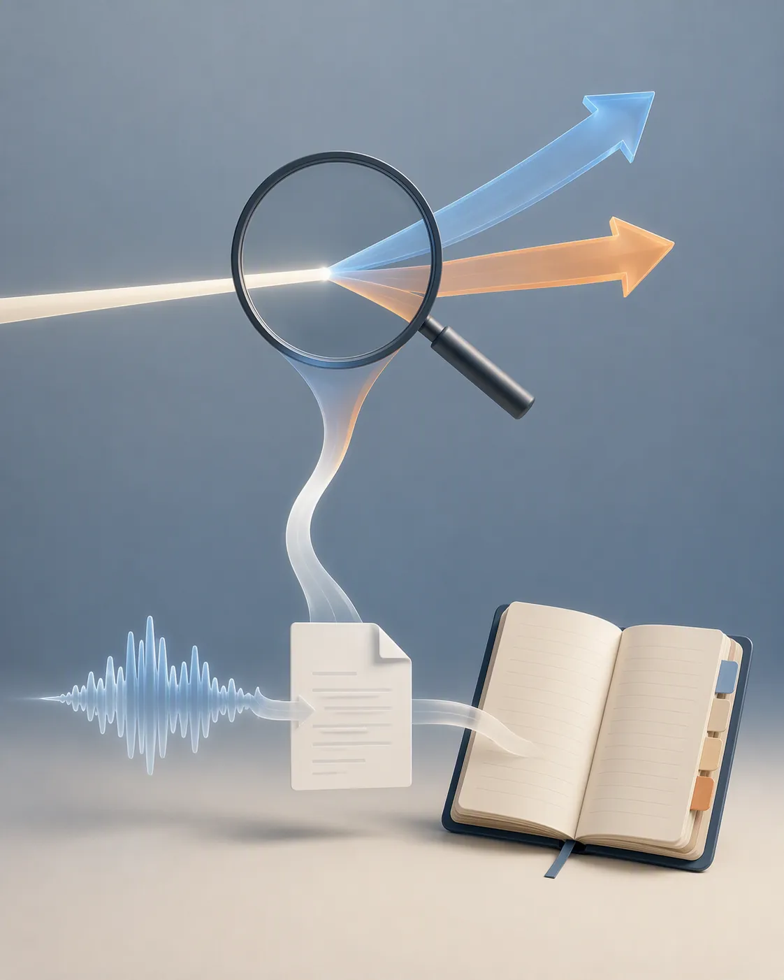 Magnifying glass over split paths that merge into a voice waveform and archived note document