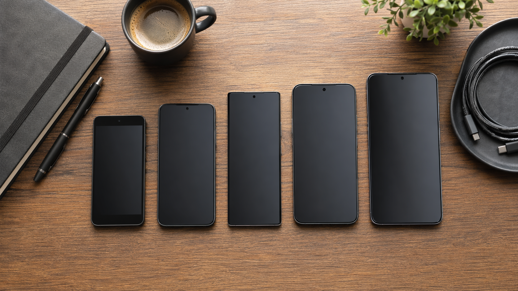 Five modern smartphones on a work desk with notebook, pen, coffee, and charging cable