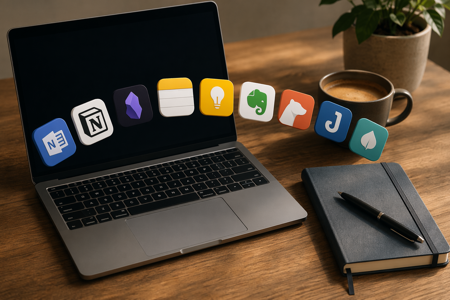 Flat-lay composition of a laptop on a desk with nine note-taking app logos floating above the keyboard