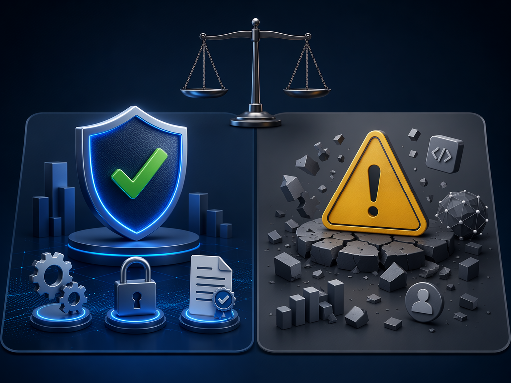 Decision matrix comparing strong compliance fit with warning conditions for enterprise automation