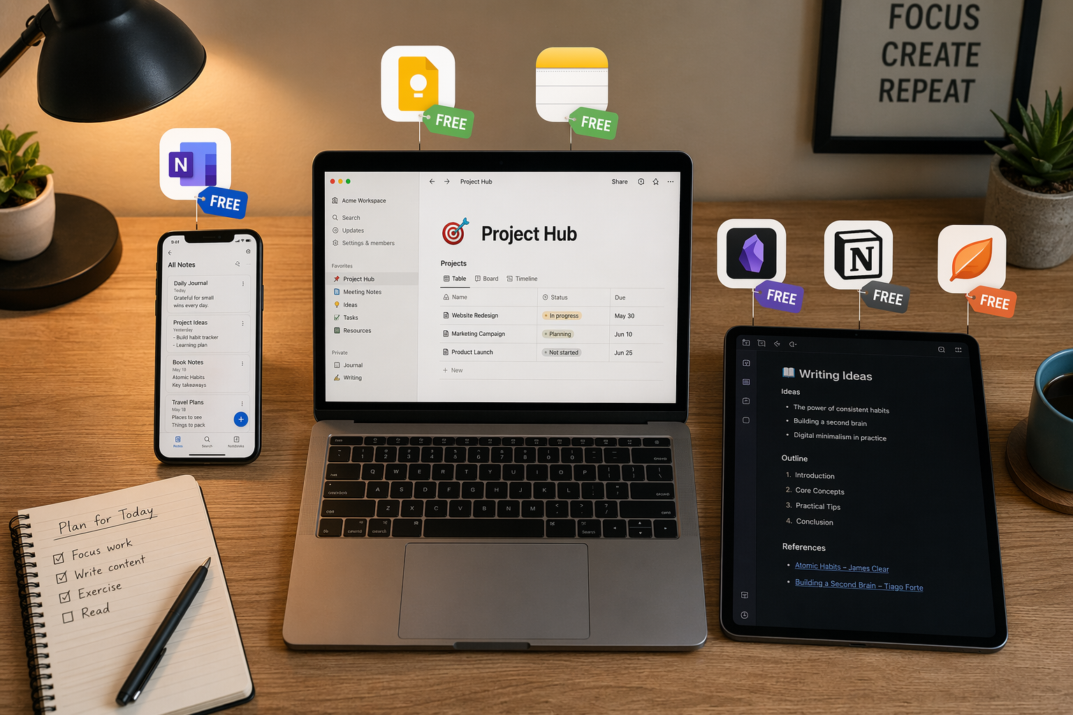 A flat-lay composition of a smartphone, laptop, and tablet on a wooden desk with app icons floating above each device, each tagged with a FREE badge.