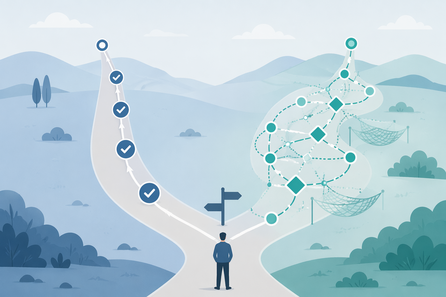 A fork in the road comparing linear automation with interconnected orchestration