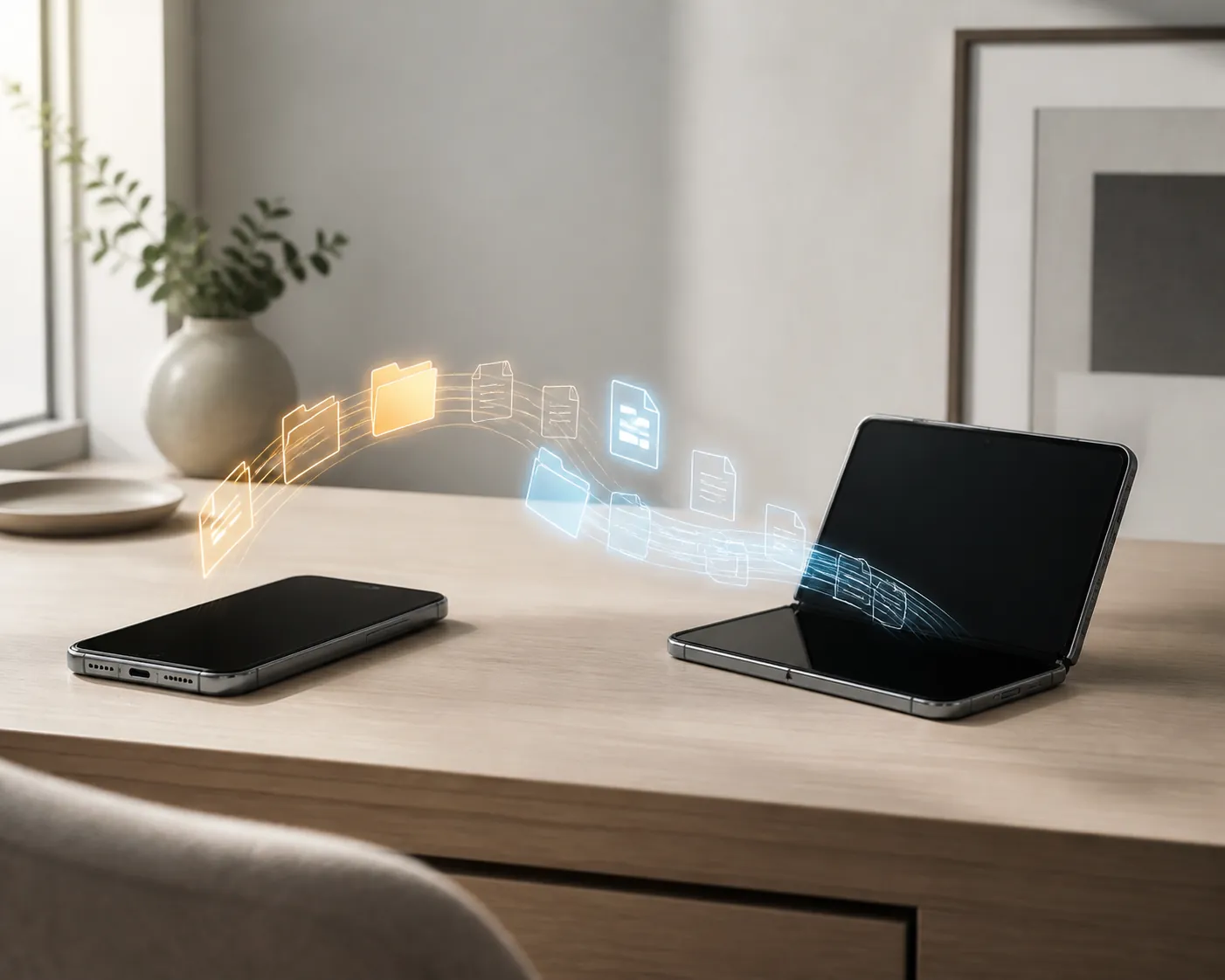 Standard smartphone and opened foldable smartphone with glowing document and folder icons flowing between them