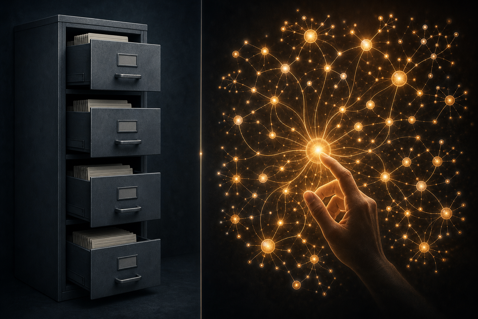 Split illustration contrasting a siloed filing cabinet on the left with a luminous interconnected knowledge network on the right