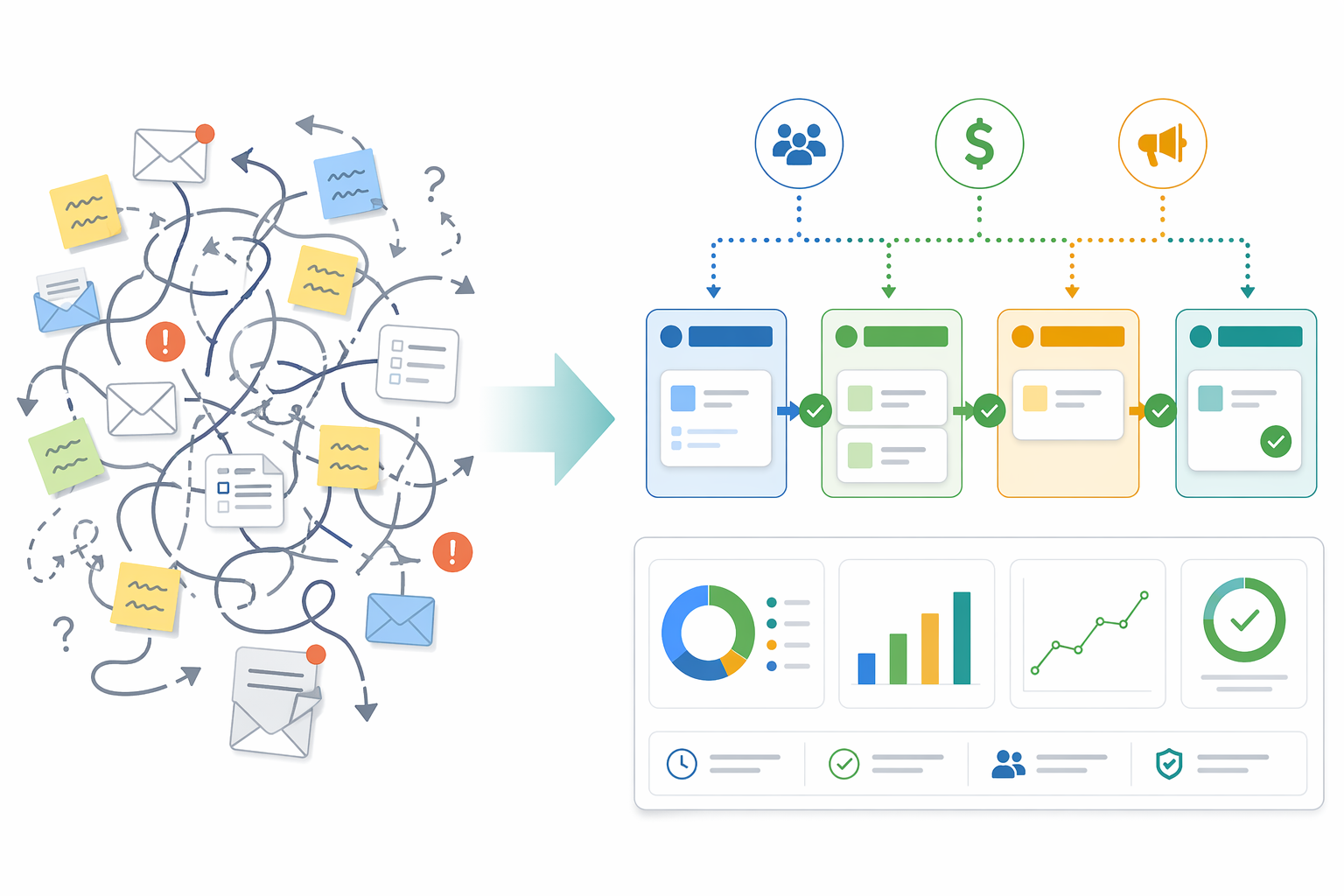 A before/after illustration comparing chaotic manual workflows with a structured automated pipeline.
