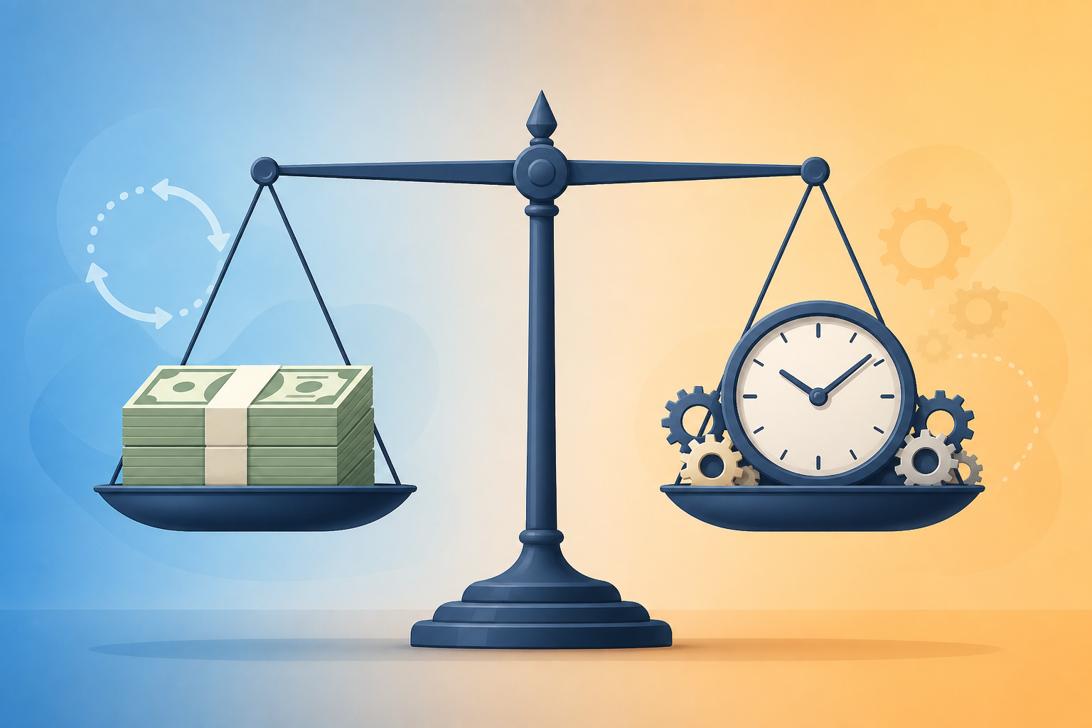 A flat-vector balance scale illustration with a stack of dollar bills on the left side and a clock with small gears on the right side, evenly balanced against a blue-to-amber gradient background, representing the trade-off between SaaS subscription costs and engineering time.
