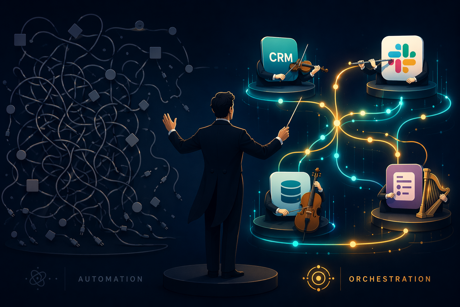 A flat vector illustration on a deep navy background showing a conductor figure facing a band of interconnected app icons — CRM, Slack, database, and form icons — with glowing teal and amber data-flow lines between them. The left half shows a chaotic tangle of dull disconnected wires labeled 'Automation', while the right half shows an organized glowing harmonic flow labeled 'Orchestration'.