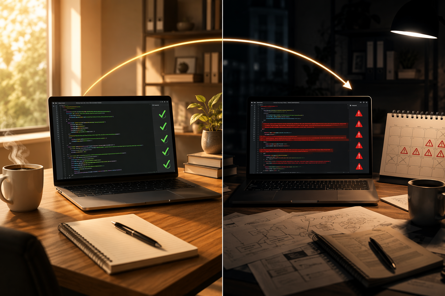 Developer workspace split between fast clean AI-assisted development and tangled week-12 bug remediation