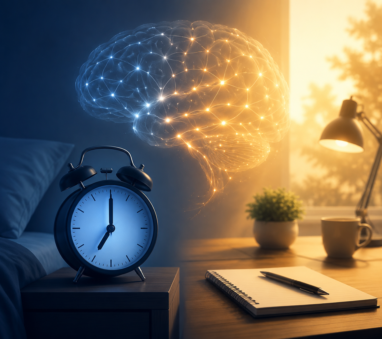 A bedside alarm clock reading 7:00 with a glowing brain silhouette and a desk scene in the background