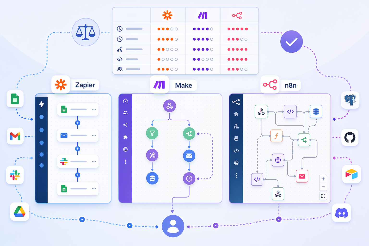 Three workflow automation tool interfaces side by side: a linear step builder, a branching visual canvas, and a node-based editor with code steps, with a decision-tree overlay and blue-to-purple gradient palette.