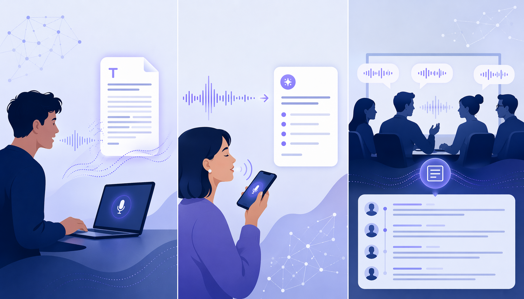 A three-panel editorial illustration showing three voice-to-note use cases: dictation on a laptop, voice capture on a smartphone, and meeting transcription.