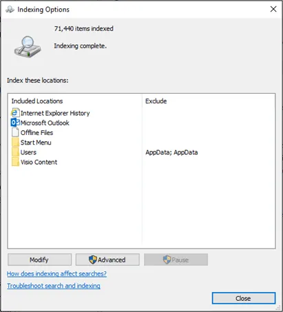 Microsoft Windows Indexing Options dialog showing Outlook among the indexed locations
